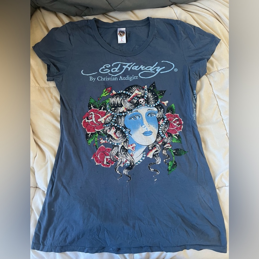 vintage y2k ed hardy by christian audigier gemmed lady with flowers tshirt